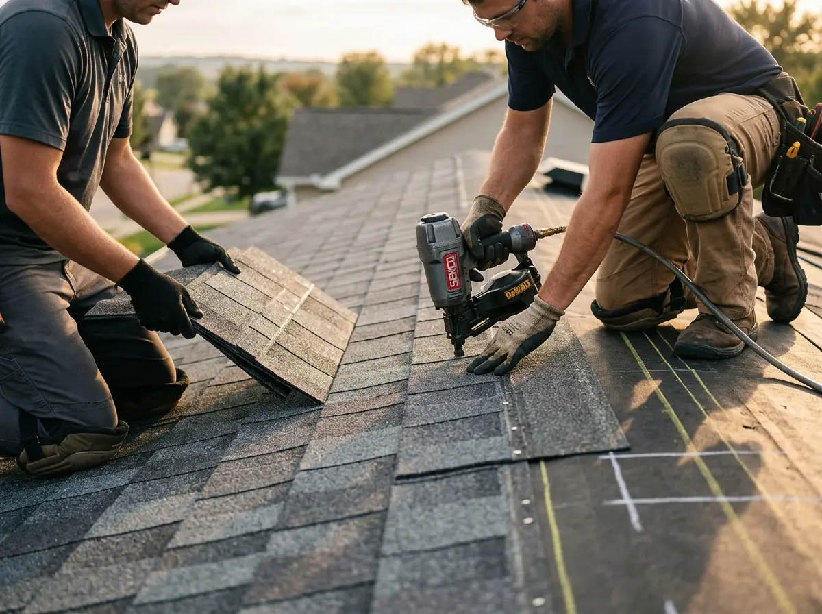 Professional roofer working on a residential roof in Bothell